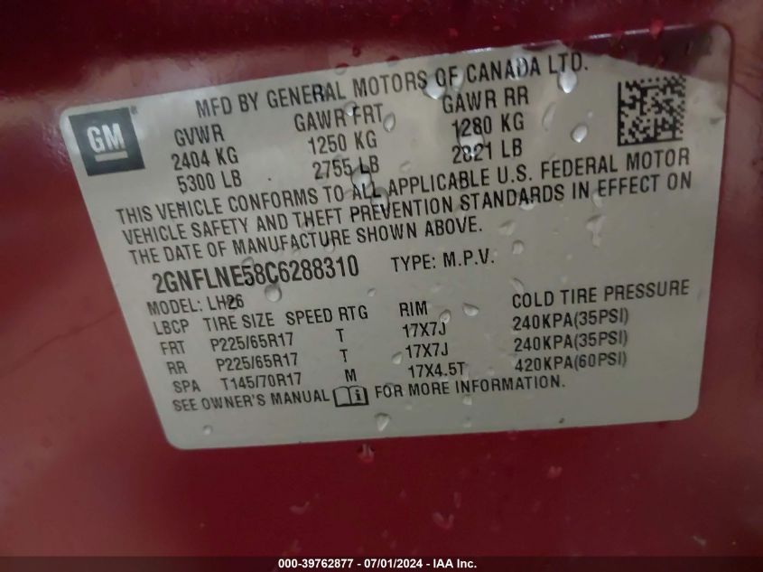 2012 Chevrolet Equinox 2Lt VIN: 2GNFLNE58C6288310 Lot: 39762877