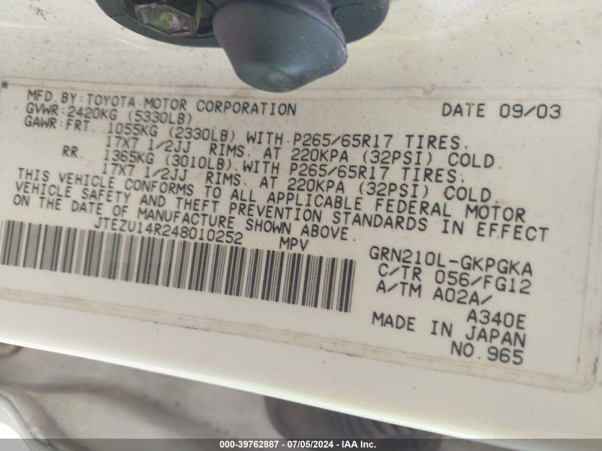 2004 Toyota 4Runner Sr5 V6 VIN: JTEZU14R248010252 Lot: 39762887