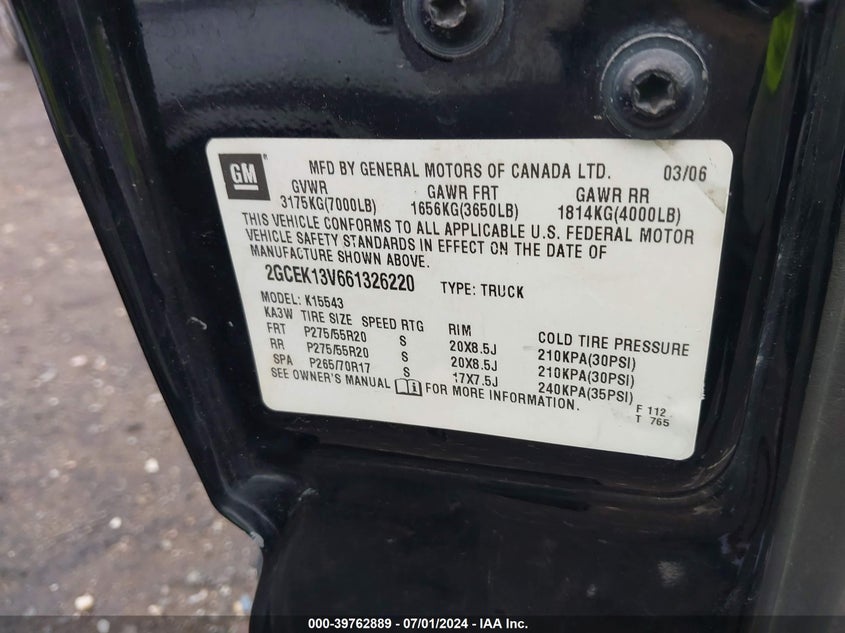 2006 Chevrolet Silverado 1500 Ls VIN: 2GCEK13V661326220 Lot: 39762889