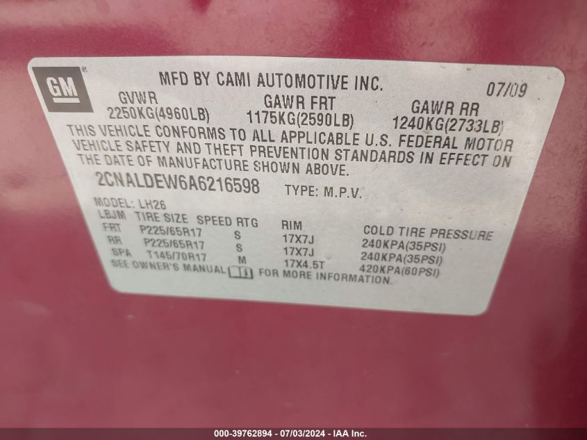 2010 Chevrolet Equinox Lt VIN: 2CNALDEW6A6216598 Lot: 39762894