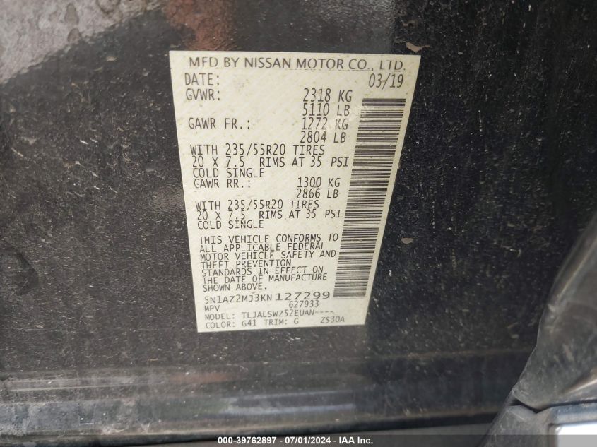 2019 Nissan Murano Platinum VIN: 5N1AZ2MJ3KN127299 Lot: 39762897