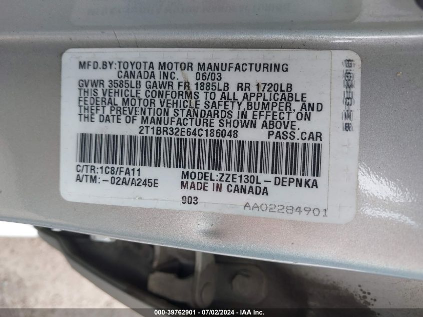 2004 Toyota Corolla Le VIN: 2T1BR32E64C186048 Lot: 39762901