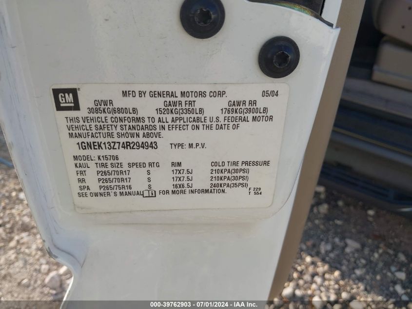 2004 Chevrolet Tahoe Z71 VIN: 1GNEK13Z74R294943 Lot: 39762903
