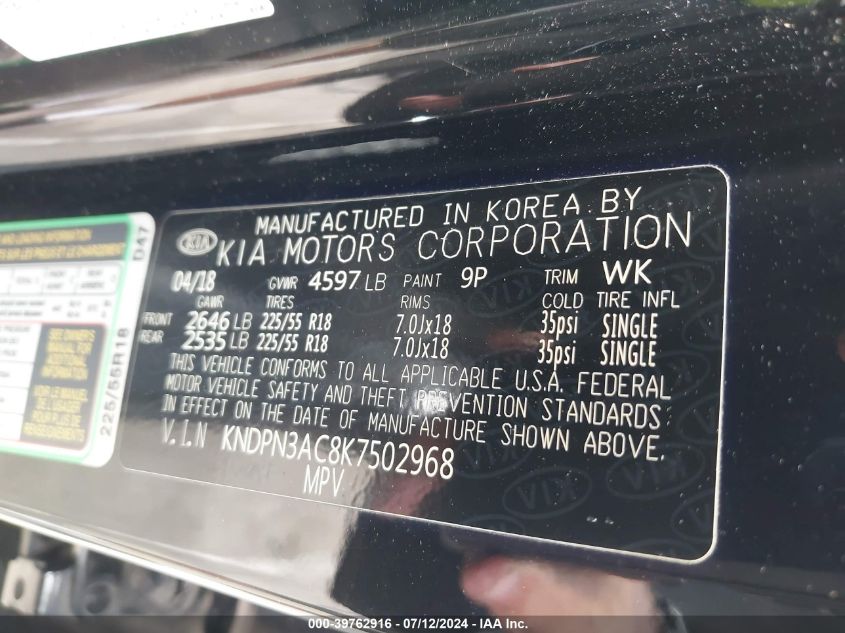 2019 Kia Sportage Ex VIN: KNDPN3AC8K7502968 Lot: 39762916