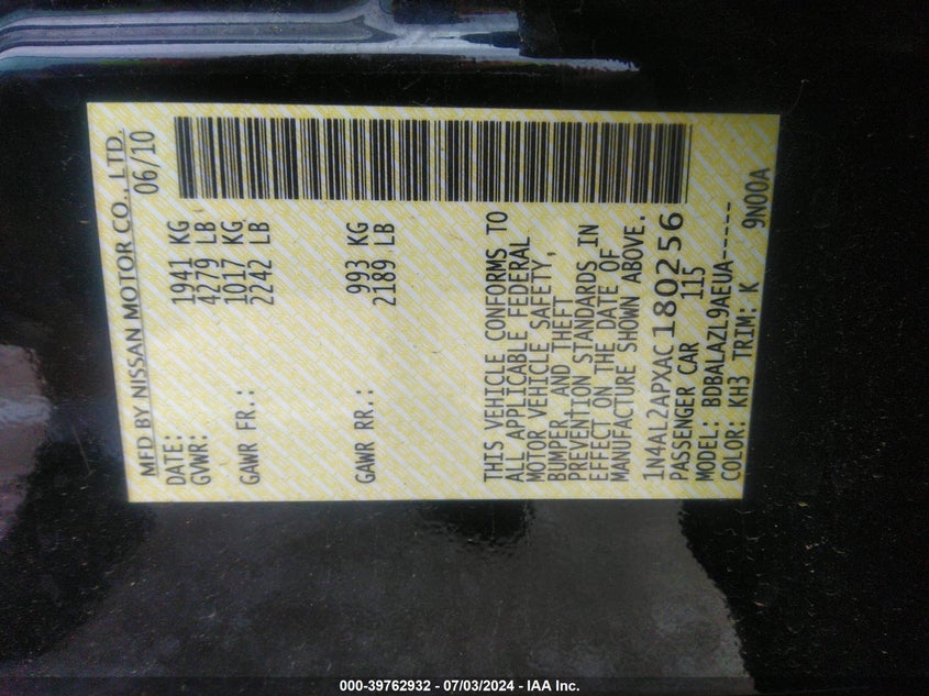 2010 Nissan Altima S VIN: 1N4AL2APXAC180256 Lot: 39762932