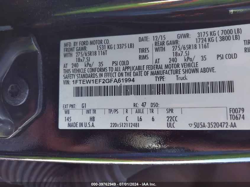 2016 Ford F-150 Lariat VIN: 1FTEW1EF2GFA61994 Lot: 39762949