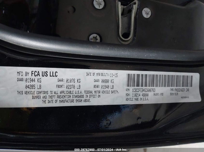 2016 Dodge Dart Gt VIN: 1C3CDFEB4GD606763 Lot: 39762950