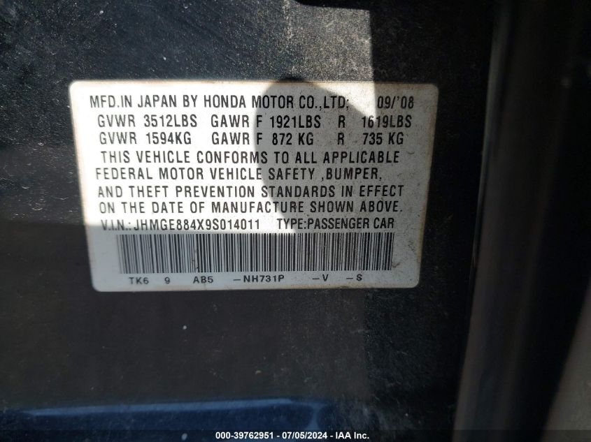 2009 Honda Fit Sport VIN: JHMGE884X9S014011 Lot: 39762951