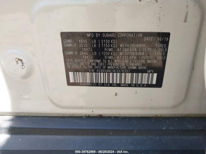 2019 SUBARU OUTBACK 2.5I LIMITED - 4S4BSANC3K3378337