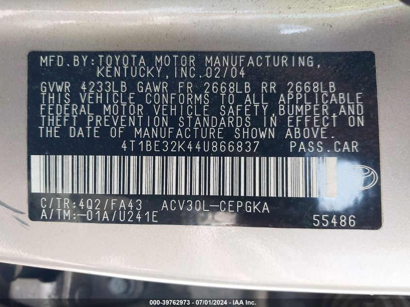 2004 Toyota Camry Xle VIN: 4T1BE32K44U866837 Lot: 39762973