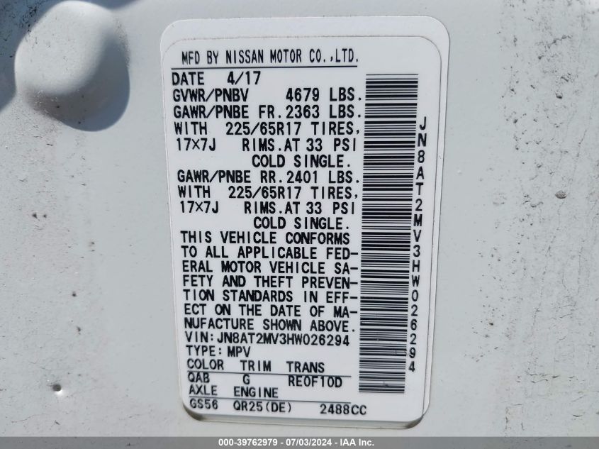 2017 Nissan Rogue Sv VIN: JN8AT2MV3HW026294 Lot: 39762979