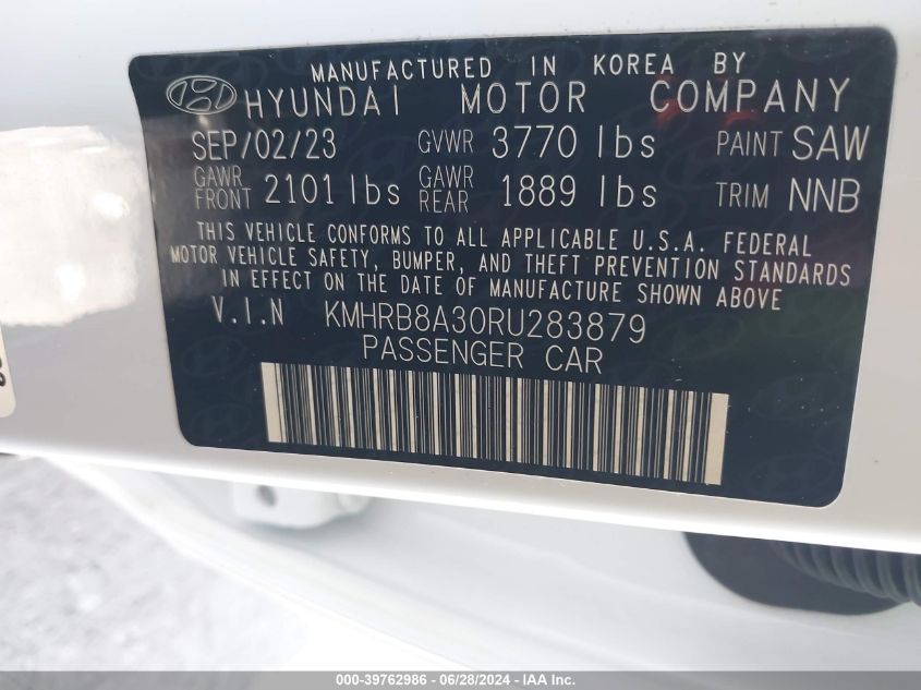 2024 Hyundai Venue Se VIN: KMHRB8A30RU283879 Lot: 39762986