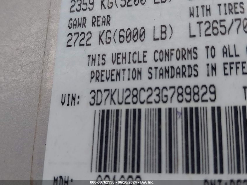 2003 Dodge Ram 2500 St/Slt VIN: 3D7KU28C23G789829 Lot: 39762998