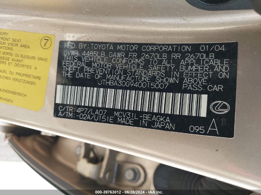 2004 Lexus Es 330 VIN: JTHBA30G940015007 Lot: 39763012