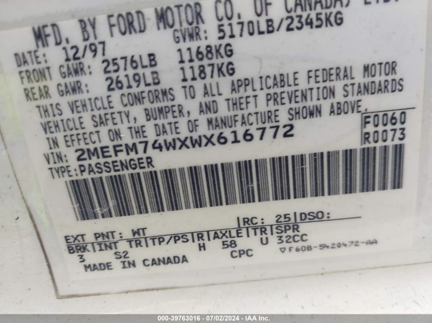 1998 Mercury Grand Marquis Gs VIN: 2MEFM74WXWX616772 Lot: 39763016