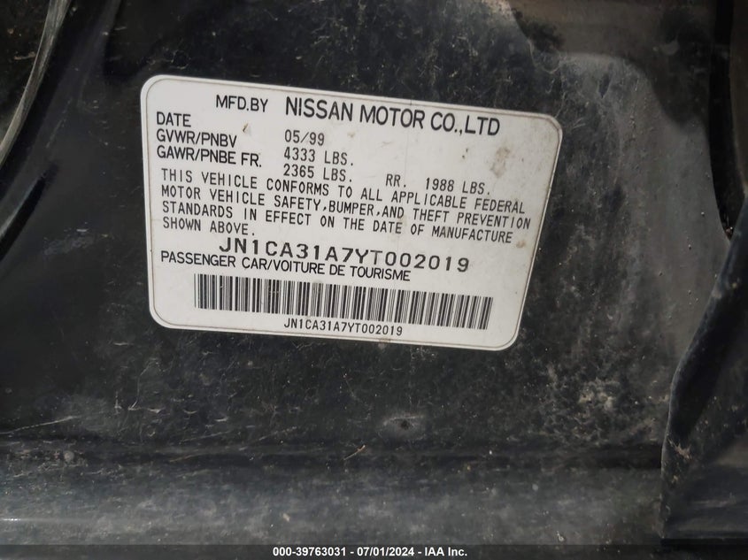 2000 Nissan Maxima Gle/Gxe/Se VIN: JN1CA31A7YT002019 Lot: 39763031