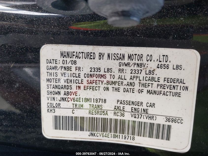 2008 Infiniti G37 Journey VIN: JNKCV64E18M119718 Lot: 39763047