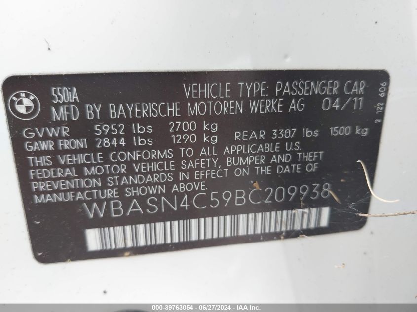 2011 BMW 550I Gran Turismo VIN: WBASN4C59BC209938 Lot: 39763054