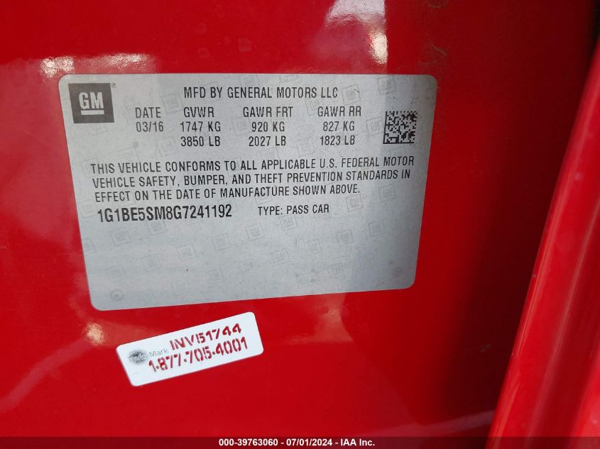 2016 Chevrolet Cruze Lt Auto VIN: 1G1BE5SM8G7241192 Lot: 39763060