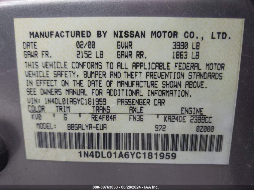 2000 Nissan Altima Xe/Gxe/Se/Gle VIN: 1N4DL01A6YC181959 Lot: 39763068