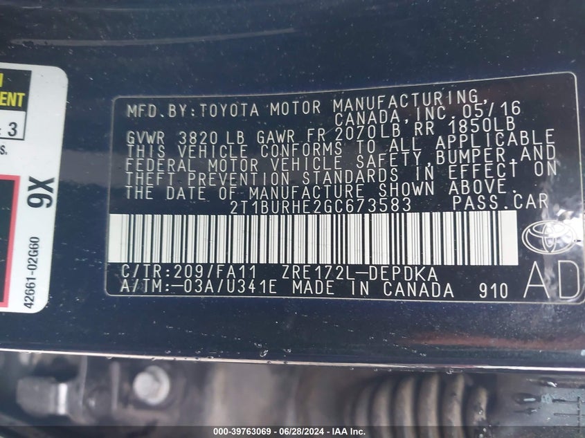 2016 TOYOTA COROLLA L - 2T1BURHE2GC673583
