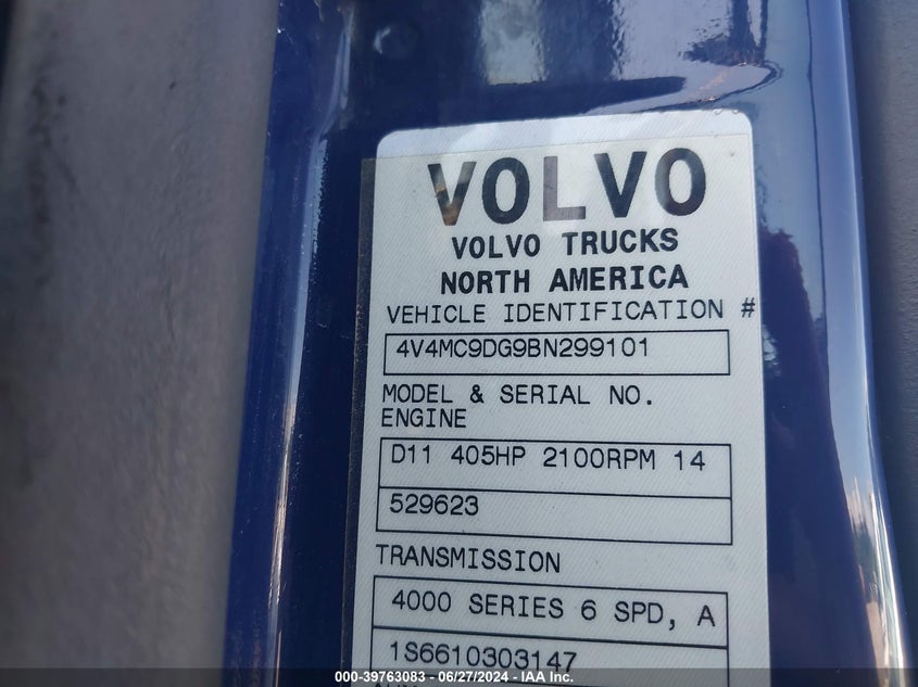 2011 Volvo Vn Vnm VIN: 4V4MC9DG9BN299101 Lot: 39763083