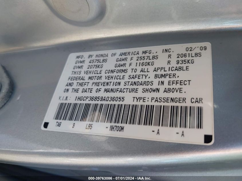 2009 Honda Accord 3.5 Ex-L VIN: 1HGCP36859A036055 Lot: 39763086