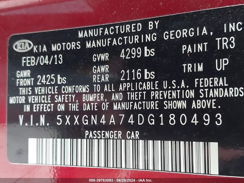 2013 Kia Optima Ex VIN: 5XXGN4A74DG180493 Lot: 39763093