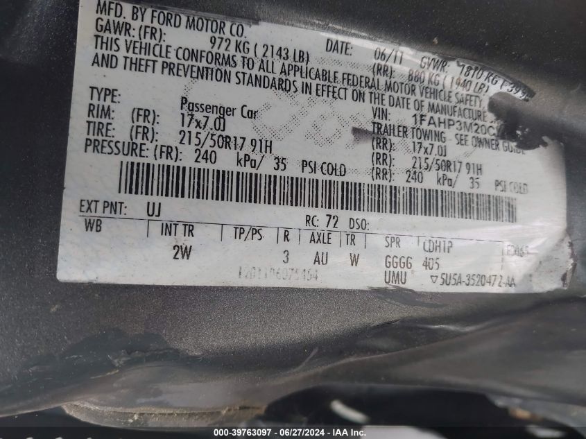 2012 Ford Focus Sel VIN: 1FAHP3M20CL176759 Lot: 39763097