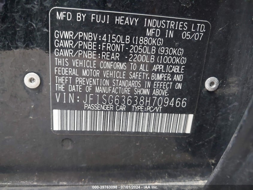 2008 Subaru Forester 2.5X VIN: JF1SG63638H709466 Lot: 39763098