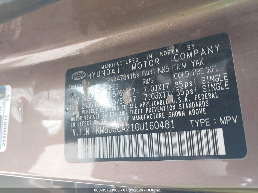 2016 Hyundai Tucson Eco VIN: KM8J3CA21GU160481 Lot: 39763109