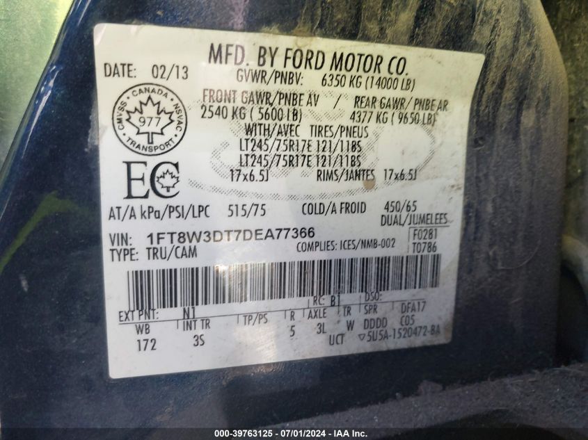 2013 Ford F-350 Xlt VIN: 1FT8W3DT7DEA77366 Lot: 39763125