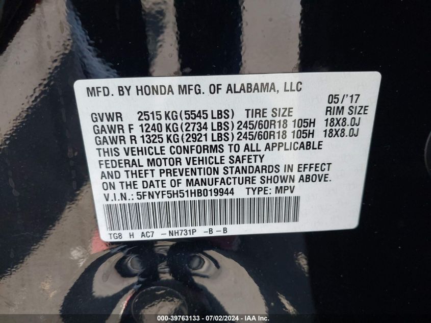 2017 Honda Pilot Ex-L VIN: 5FNYF5H51HB019944 Lot: 39763133