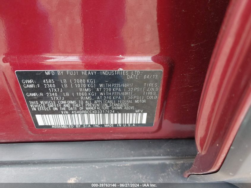 2013 Subaru Outback 2.5I Premium VIN: 4S4BRBCCXD3317624 Lot: 39763146