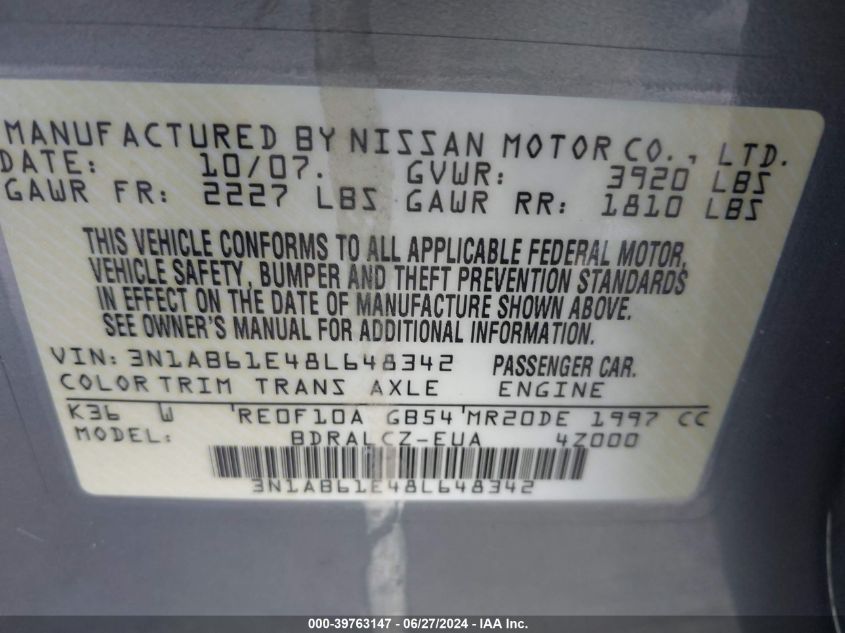 2008 Nissan Sentra 2.0 VIN: 3N1AB61E48L648342 Lot: 39763147