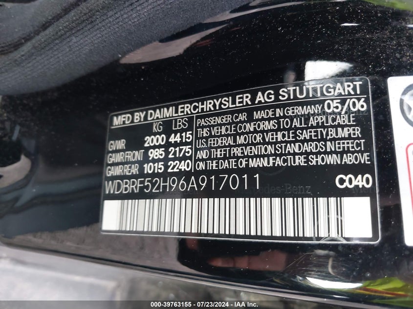 2006 Mercedes-Benz C 230 VIN: WDBRF52H96A917011 Lot: 39763155