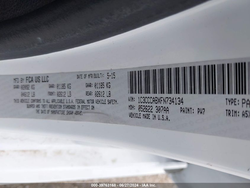 2015 Chrysler 200 Limited VIN: 1C3CCCABXFN734134 Lot: 39763168