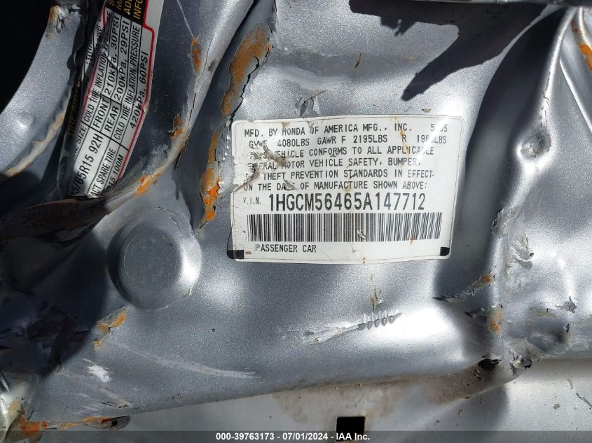 2005 Honda Accord 2.4 Lx VIN: 1HGCM56465A147712 Lot: 39763173