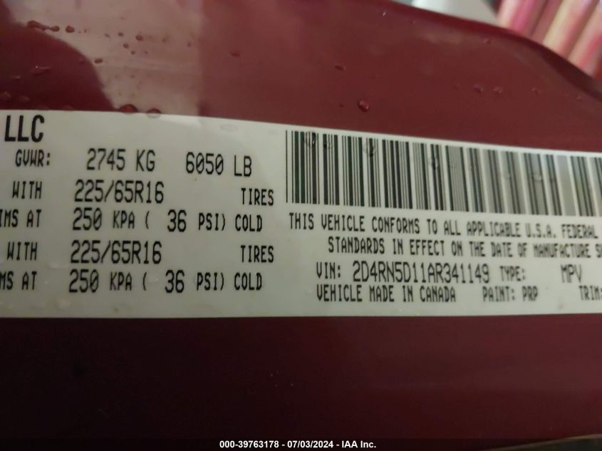 2010 Dodge Grand Caravan Sxt VIN: 2D4RN5D11AR341149 Lot: 39763178