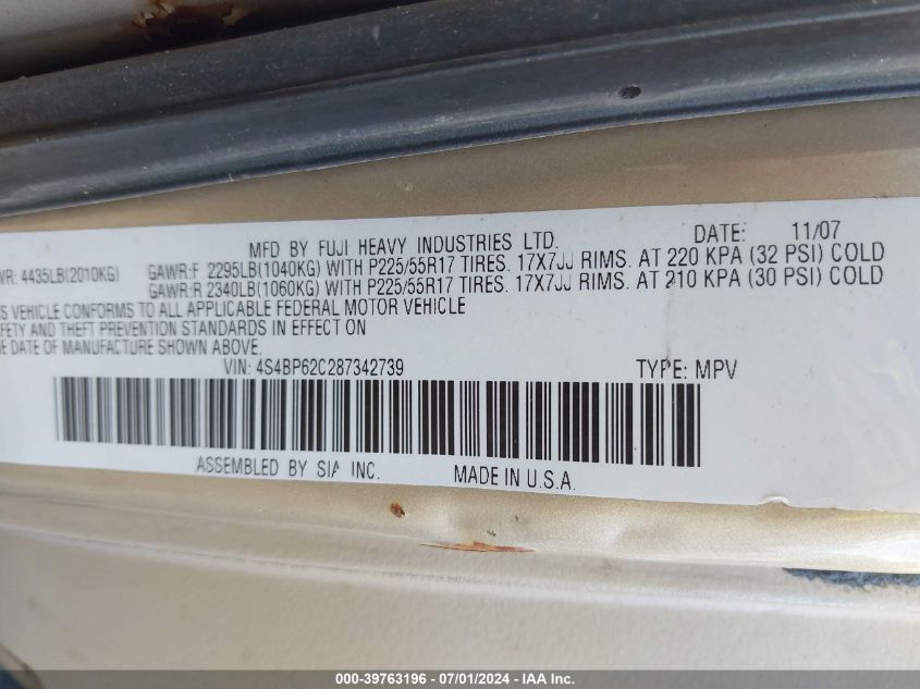 2008 Subaru Outback 2.5I Limited/2.5I Limited L.l. Bean Edition VIN: 4S4BP62C287342739 Lot: 39763196