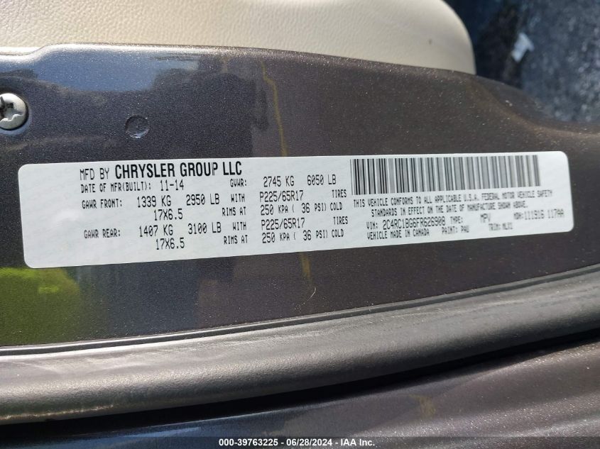 2015 Chrysler Town & Country Touring VIN: 2C4RC1BG6FR626908 Lot: 39763225