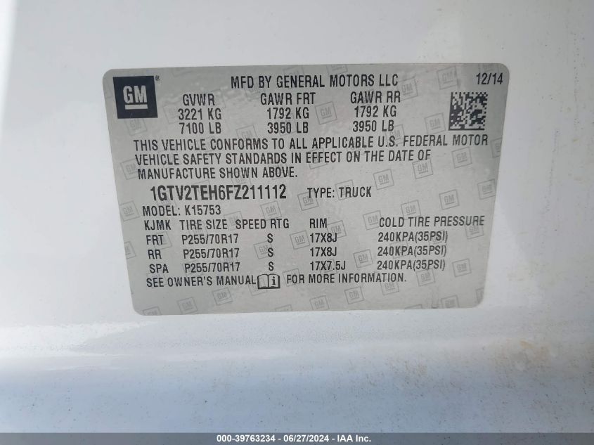 2015 GMC Sierra 1500 VIN: 1GTV2TEH6FZ211112 Lot: 39763234