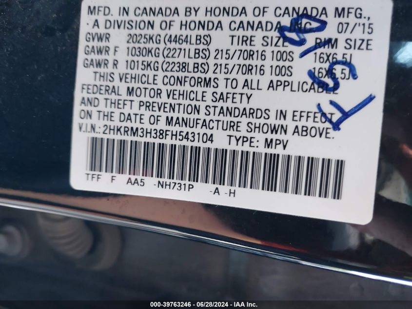 2015 Honda Cr-V Lx VIN: 2HKRM3H38FH543104 Lot: 39763246