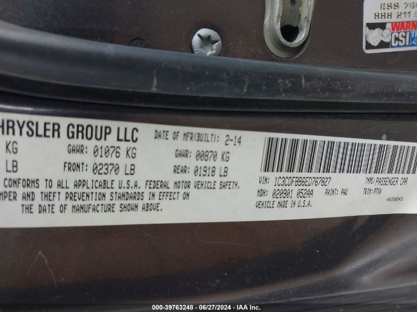 2014 Dodge Dart Sxt VIN: 1C3CDFBB6ED767827 Lot: 39763248