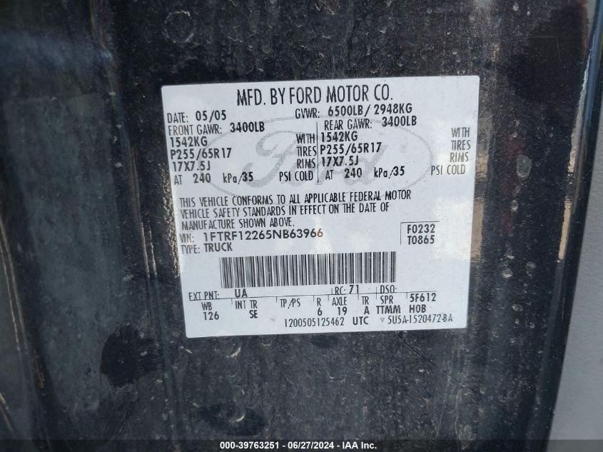 2005 Ford F-150 Stx/Xl/Xlt VIN: 1FTRF12265NB63966 Lot: 39763251