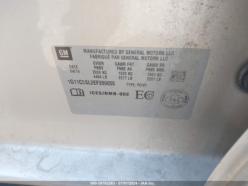 2014 Chevrolet Malibu 1Lt VIN: 1G11C5SL2EF289055 Lot: 39763263