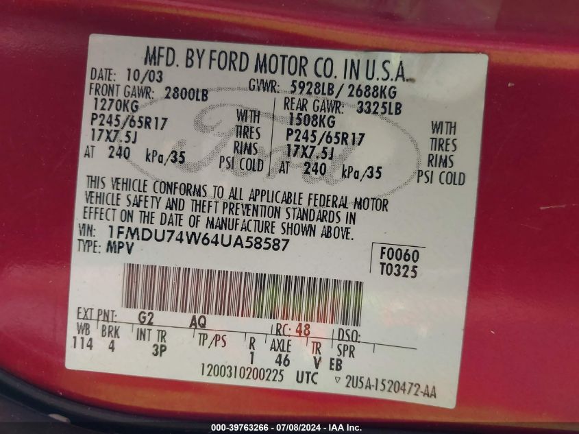 2004 Ford Explorer Eddie Bauer VIN: 1FMDU74W64UA58587 Lot: 39763266