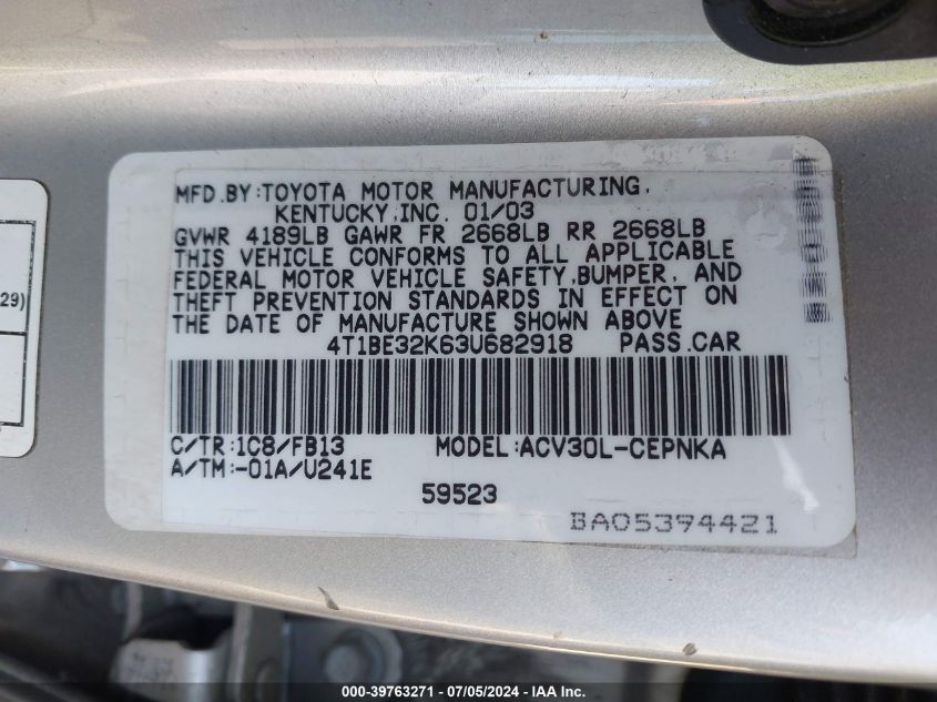 2003 Toyota Camry Le VIN: 4T1BE32K63U682918 Lot: 39763271