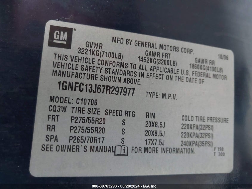 2007 Chevrolet Tahoe C1500 VIN: 1GNFC13J67R297977 Lot: 39763293
