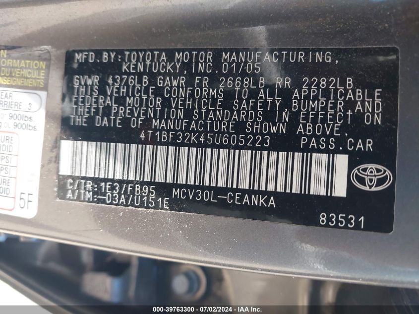 2005 Toyota Camry Le V6 VIN: 4T1BF32K45U605223 Lot: 39763300